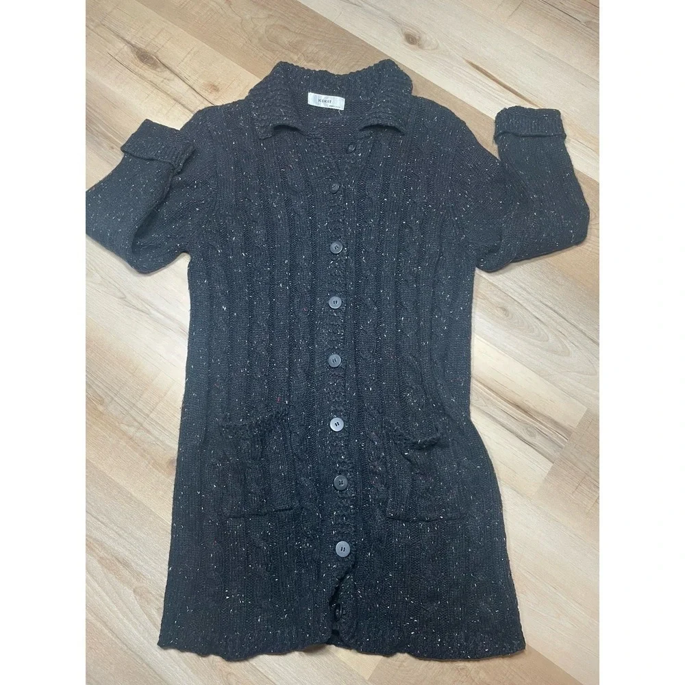 Kikit Chunky Knit Cardigan M Black Speckled Cable Button Front‎ Cozy